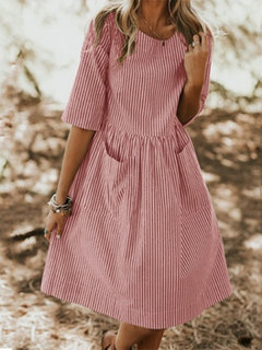A-line Round Neck Striped Pattern Polyester Casual Dresses (Style V100531)