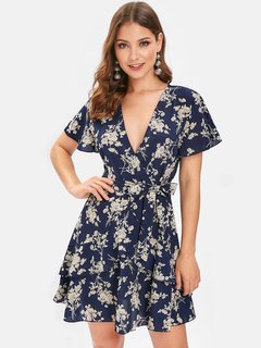 Beach A-line Deep V Neck Printed Pattern Casual Dresses (Style V100538)