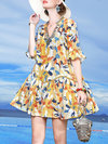 Beach V-neck Printed Pattern Polyester Casual Dresses (Style V100541)