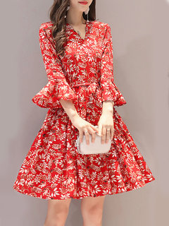 Elegant A-line V-neck Printed Pattern Casual Dresses (Style V100542)