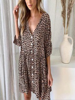 Oversized Shift V-neck Button Polyester Casual Dresses (Style V100543)