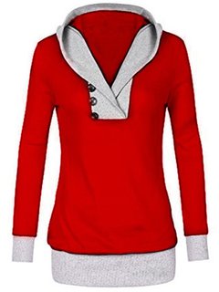 Hooded Casual Patchwork Polyester Button Hoodie (Style V100576)