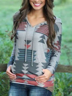 Hooded Standard Casual Geometric Cotton Blends Hoodie (Style V100578)