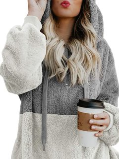 Hooded Standard Loose Patchwork Velvet Hoodie (Style V100584)