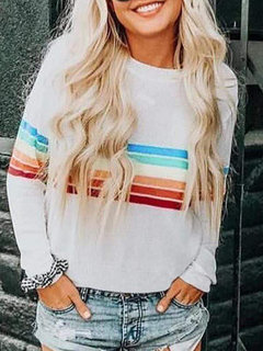 Round Neck Loose Casual Striped Polyester Sweatshirts (Style V100596)