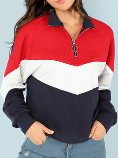 Stand Collar Loose Fashion Patchwork Zipper Sweatshirts (Style V100637)