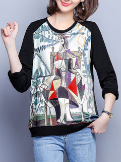 Round Neck Loose Casual Cellulose Acetate Fibre Pattern Sweatshirts (Style V100646)