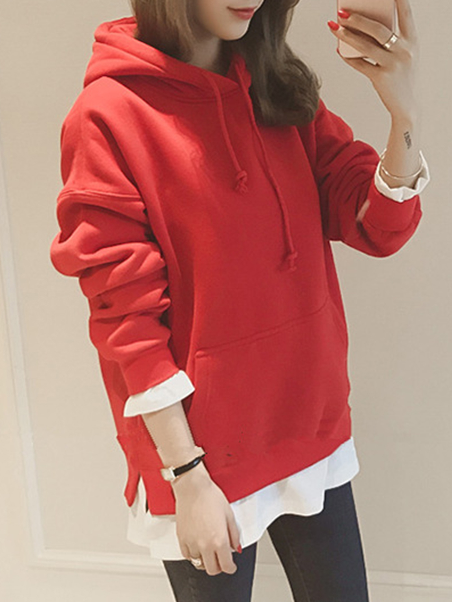 Red Hooded Loose Fashion Patchwork Pockets Hoodie (Style V100656 ...