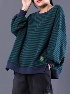 Stand Collar Loose Casual Striped Cotton Sweatshirts (Style V100697)