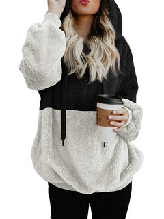 Hooded Straight Casual Patchwork Velvet Hoodie (Style V100784)