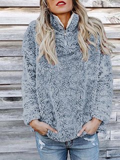 Stand Collar Casual Plain Polyester Zipper Sweatshirts (Style V100786)