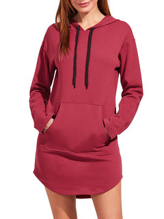 Long Slim Plain Cotton Blends Pockets Hoodie (Style V100832)