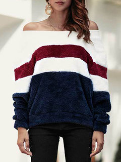 Off The Shoulder Standard Loose Date Night Patchwork Sweatshirts (Style V100859)
