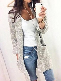 Long Loose Casual Plain Knitted Sweater (Style V100876)