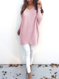 V-neck Standard Straight Plain Knitted Sweater (Style V100892)