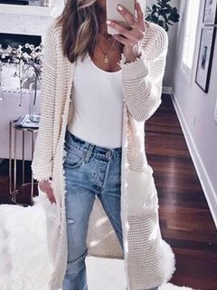 Long Casual Plain Polyester Pockets Sweater (Style V100896)