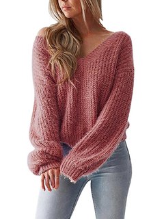 V-neck Standard Date Night Plain Polyester Sweater (Style V100899)