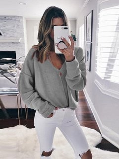 V-neck Standard Loose Casual Cotton Sweater (Style V100901)