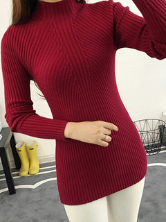Stand Collar Standard Skinny Plain Polyester Sweater (Style V100907)