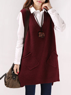V-neck Long Plain Cotton Pockets Sweater (Style V100922)