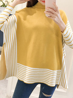 Polo Neck Loose Fashion Striped Knitted Sweater (Style V100925)