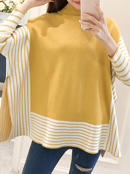 Yellow Polo Neck Loose Fashion Striped Knitted Sweater (Style V100925 ...