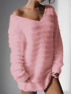 V-neck Loose Plain Polyester Patchwork Sweater (Style V100948)