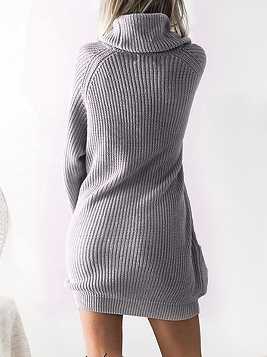 Grey Turtleneck Long Casual Polyester Pockets Sweater (Style V100953 ...