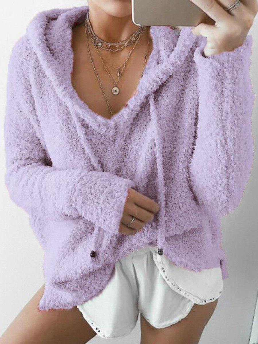 Lavender Hooded Standard Loose Casual Plain Sweater (Style V100955 ...