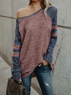 Straight Casual Color Block Polyester Asymmetrical Sweater (Style V100956)