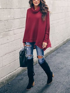 Long Loose Plain Polyester Asymmetrical Sweater (Style V100962)