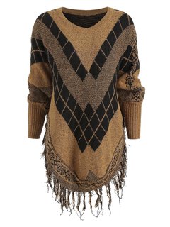 Long Straight Geometric Polyester Tassel Sweater (Style V100980)