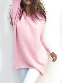 V-neck Long Straight Plain Polyester Sweater (Style V100985)