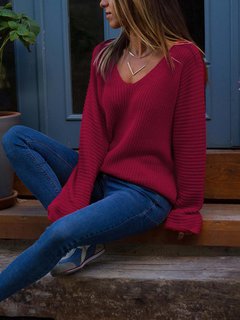 Standard Loose Casual Plain Polyester Sweater (Style V100992)