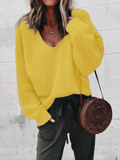 V-neck Loose Casual Plain Knitted Sweater (Style V101000)