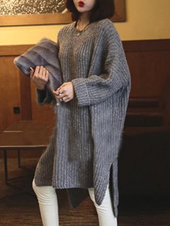 Round Neck Long Loose Plain Acrylic Sweater (Style V101011)