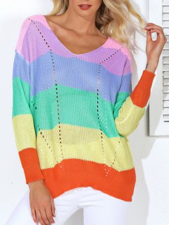 V-neck Standard Casual Striped Hollow Out Sweater (Style V101017)