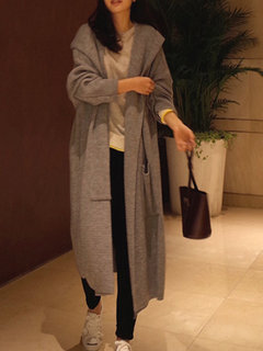 Long Elegant Plain Knitted Pockets Sweater (Style V101022)