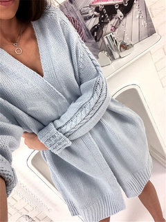 Long Straight Plain Knitted Pockets Sweater (Style V101027)