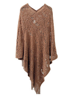 V-neck Casual Plain Polyester Hollow Out Sweater (Style V101033)