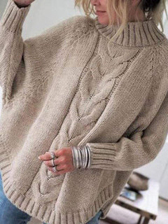 Round Neck Standard Batwing Plain Asymmetrical Sweater (Style V101038)