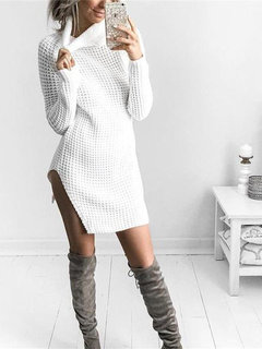 Turtleneck Long Straight Plain Polyester Sweater (Style V101047)