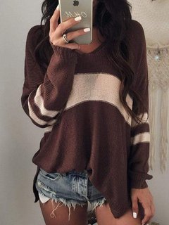 V-neck Standard Casual Knitted Patchwork Sweater (Style V101049)