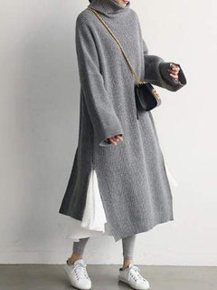 Turtleneck Maxi Loose Elegant Polyester Sweater (Style V101052)