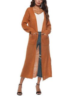 Long Elegant Plain Polyester Pockets Sweater (Style V101054)