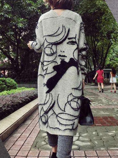 Long Loose Office Cotton Blends Pattern Sweater (Style V101055)