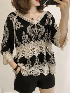 V-neck Standard Slim Date Night Lace Sweater (Style V101056)