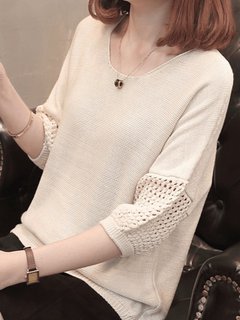 Loose Elegant Plain Polyester Patchwork Sweater (Style V101059)