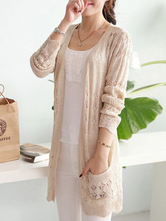 Long Casual Plain Knitted Pockets Sweater (Style V101061)