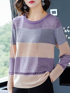 Round Neck Standard Elegant Plaid Knitted Sweater (Style V101063)